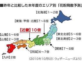 昨年と比較した本年度のエリア別「花粉飛散予測」