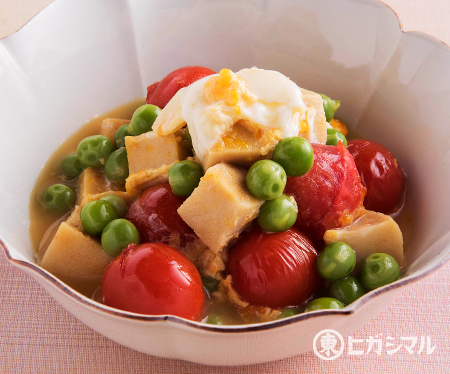 えんどう豆と高野豆腐とミニトマトの玉子とじ