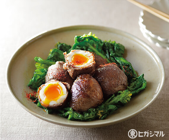 肉巻き玉子　菜の花ソテー添え