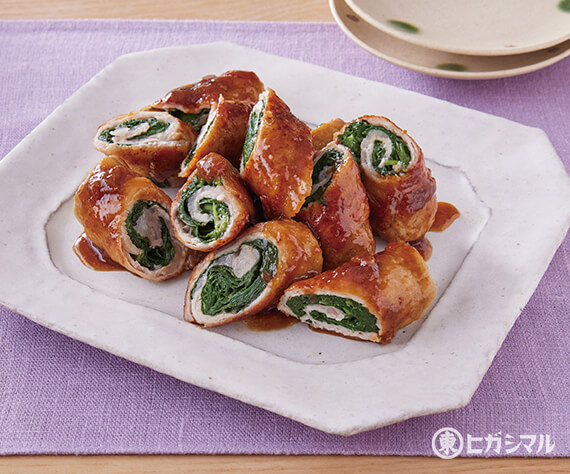 モロヘイヤの豚肉巻き梅照り焼き