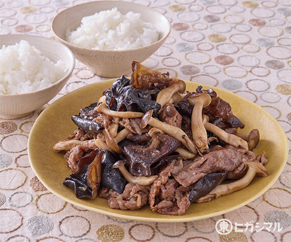 牛肉ときのこの牡蠣だし醤油炒め