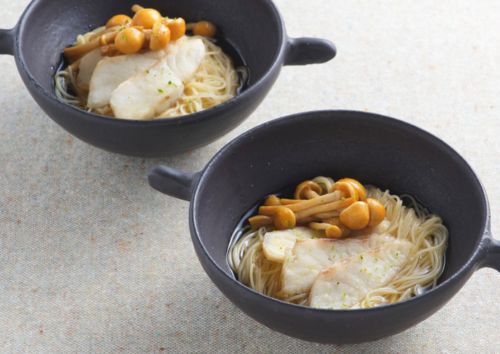 レシピ画像：なめこと白身魚のスープパスタ