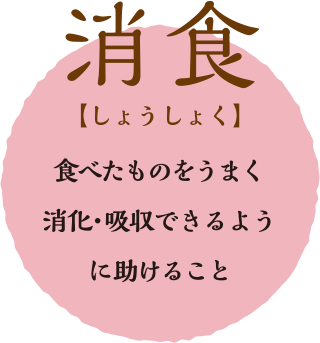 消食  しょうしょく  食べたものをうまく消化・吸収できるように助けること