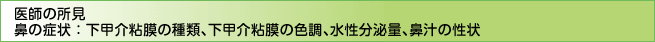 医師の所見　鼻の症状：下甲介粘膜の種類、下甲介粘膜の色調、水性分泌量、鼻汁の性状
